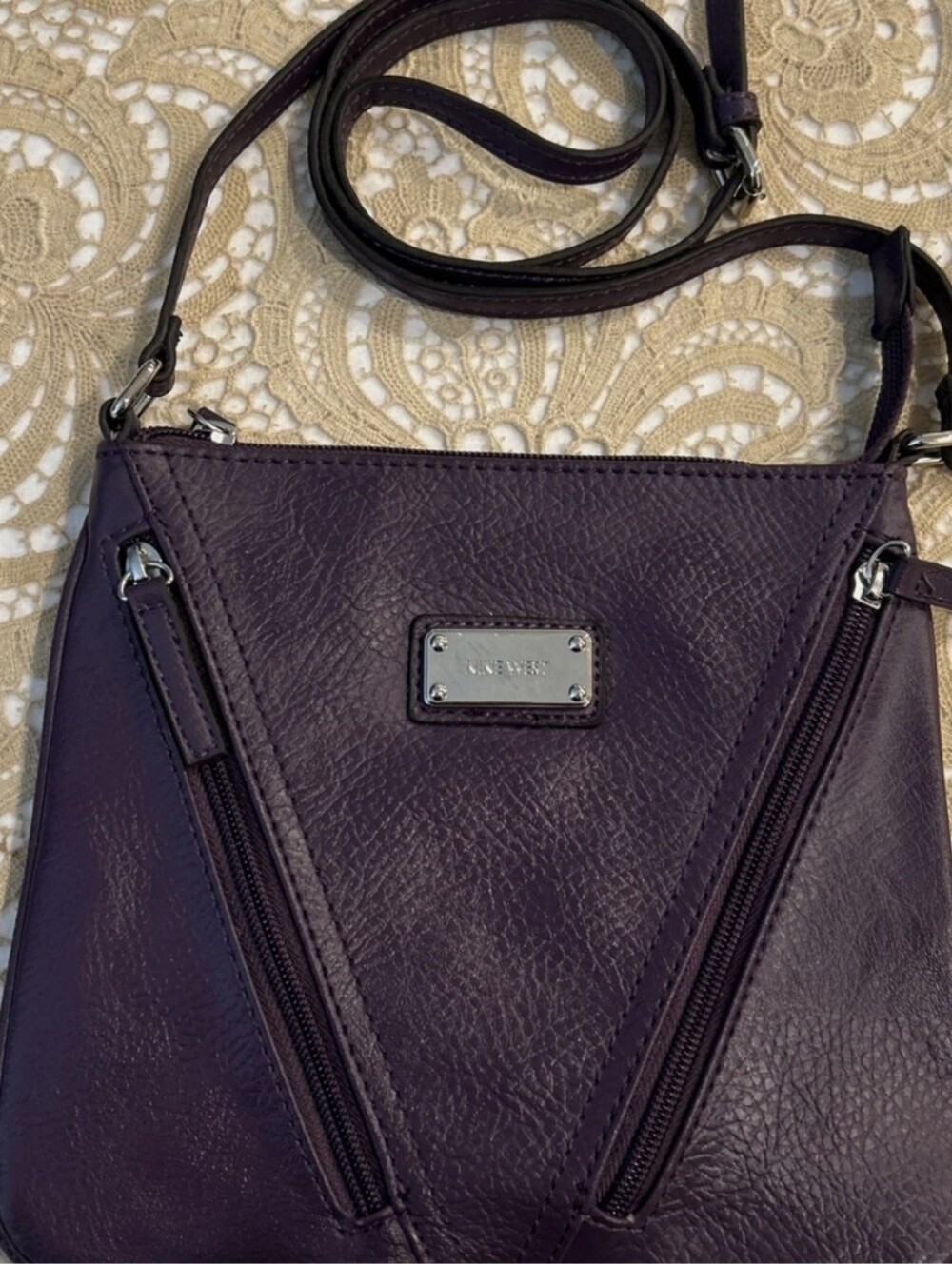 Nine West Grape Purple Textured Crossbody Bag with Dual Front Zippers 8x9